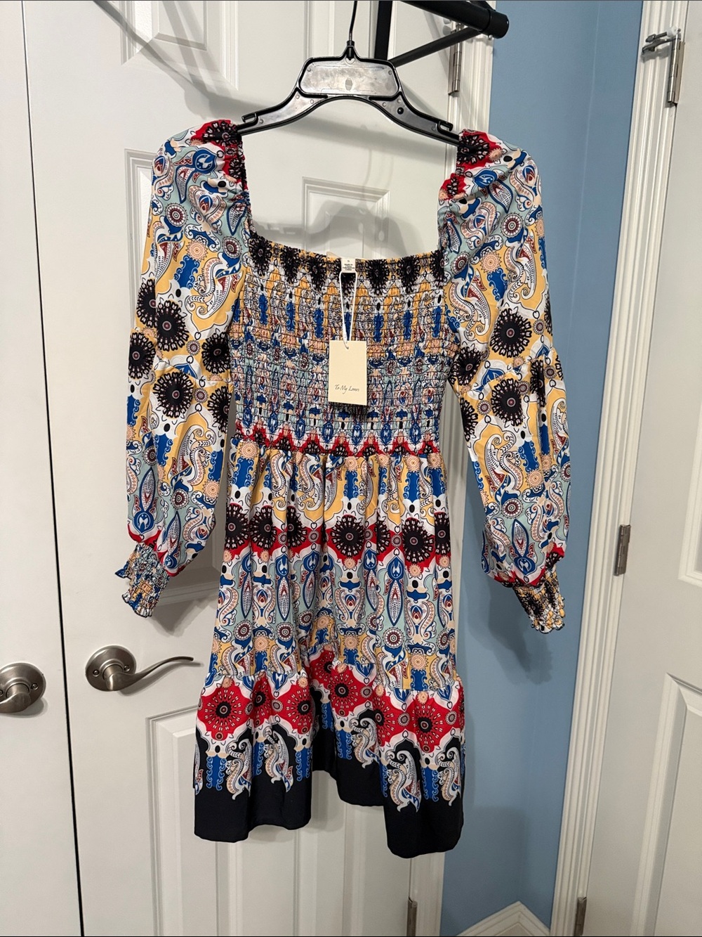To My Lovers Multicolor Smocked Paisley Top in Blue, Yellow & Black NWT